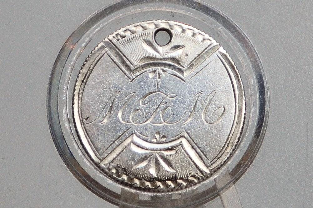 Genuine Antique Love Token, MJM - Made From an 1888 Silver Dime - Beautiful Scroll Work, 1800s Silver Love Token, "MJM" Love Token