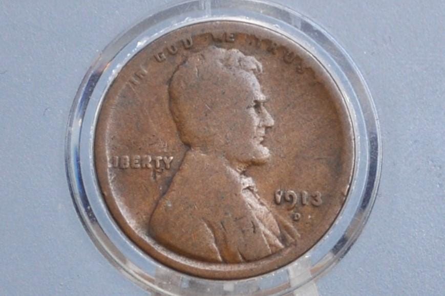 1913-D Wheat Penny - F (Fine) Grade / Condition - Early Date - 1913D Wheat Cent - Denver Mint - Wheat Ear Cent 1913 D - WW1 Era Coin