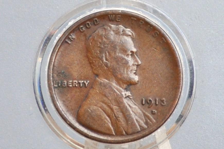 1913-D Wheat Penny - F (Fine) Grade / Condition - Early Date - 1913D Wheat Cent - Denver Mint - Wheat Ear Cent 1913 D - WW1 Era Coin