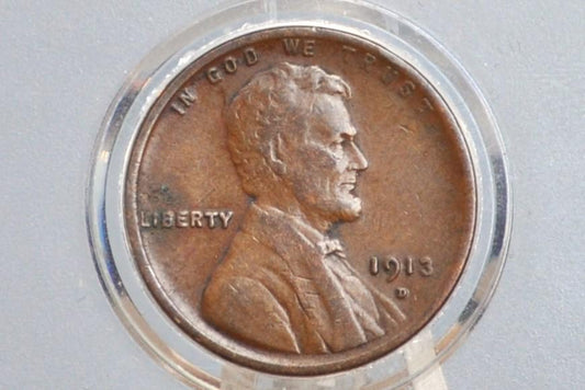 1913-D Wheat Penny - F (Fine) Grade / Condition - Early Date - 1913D Wheat Cent - Denver Mint - Wheat Ear Cent 1913 D - WW1 Era Coin