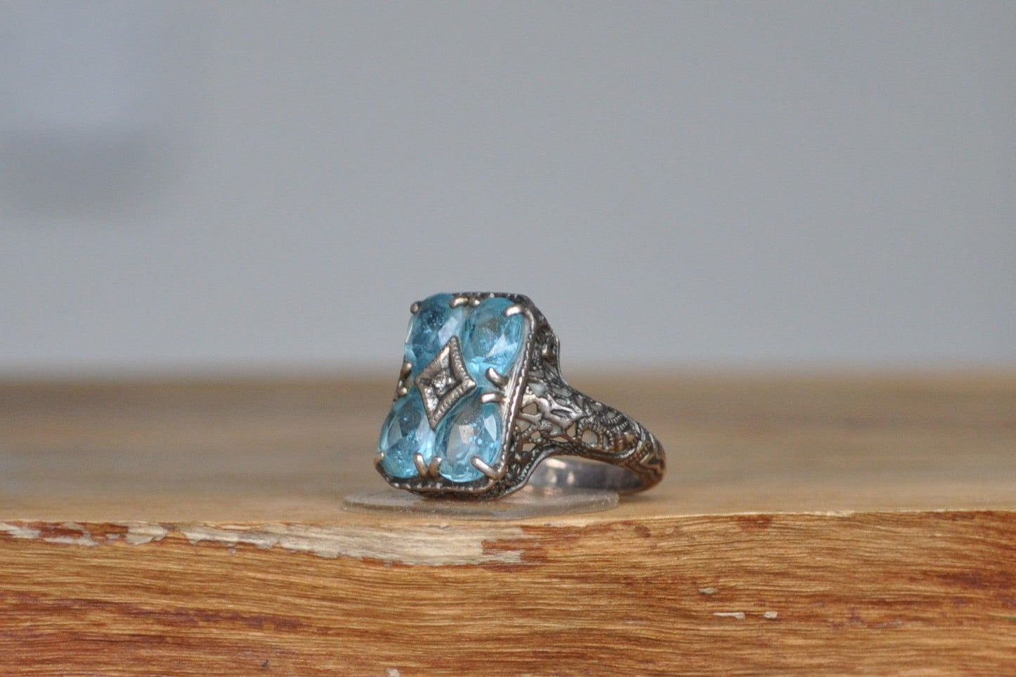 Designer CNA Victorian Revival Blue Topaz Ring - Size 5 - Stamped and Tested Sterling Silver - Diamond Accent -