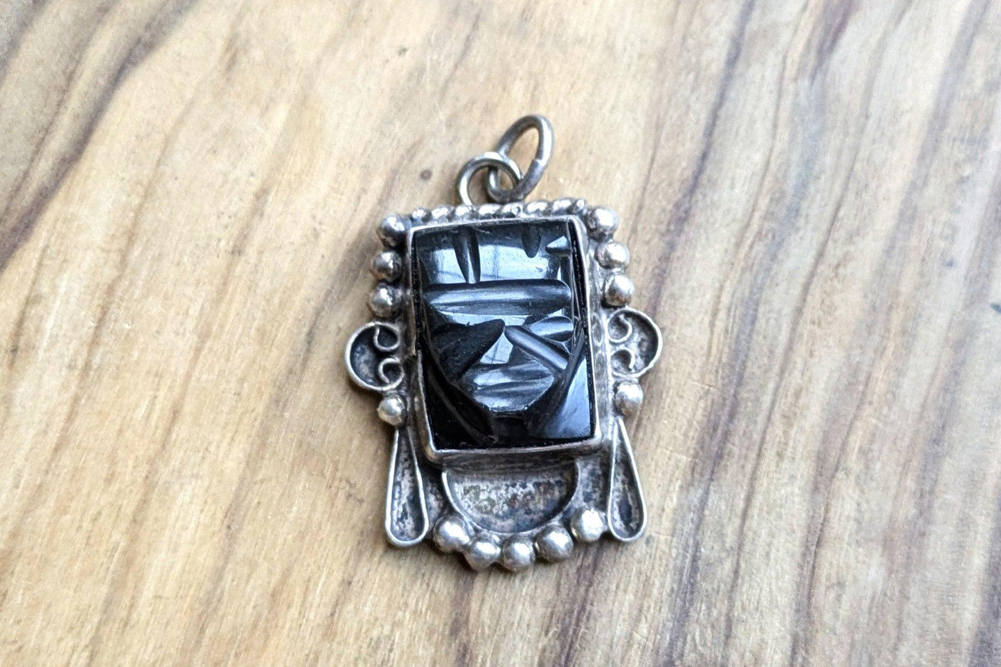 Sterling Silver Tribal Aztec Warrior Face Charm - Tested Sterling Silver - Onyx Face