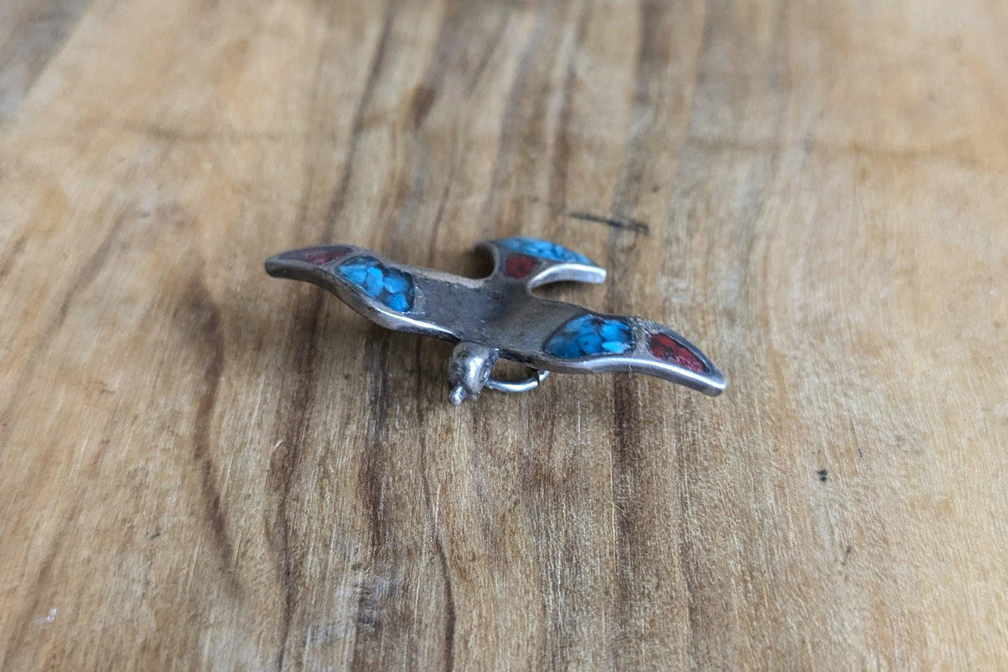 Sterling Silver Native American Southwest Turquoise Coral Inlay Thunderbird Pendant - Tested Sterling Silver - Zuni Turquoise Coral Inlay