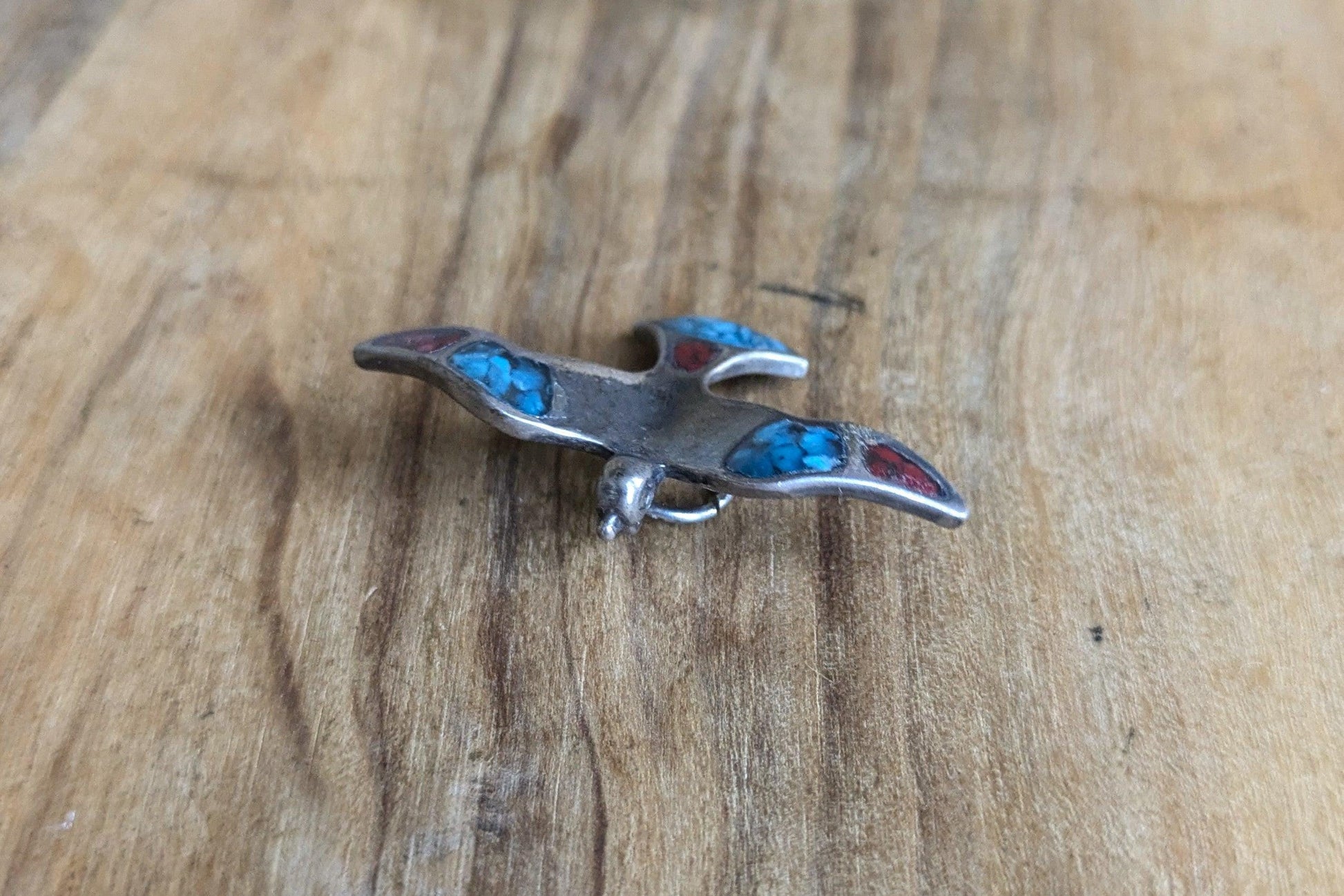 Sterling Silver Native American Southwest Turquoise Coral Inlay Thunderbird Pendant - Tested Sterling Silver - Zuni Turquoise Coral Inlay