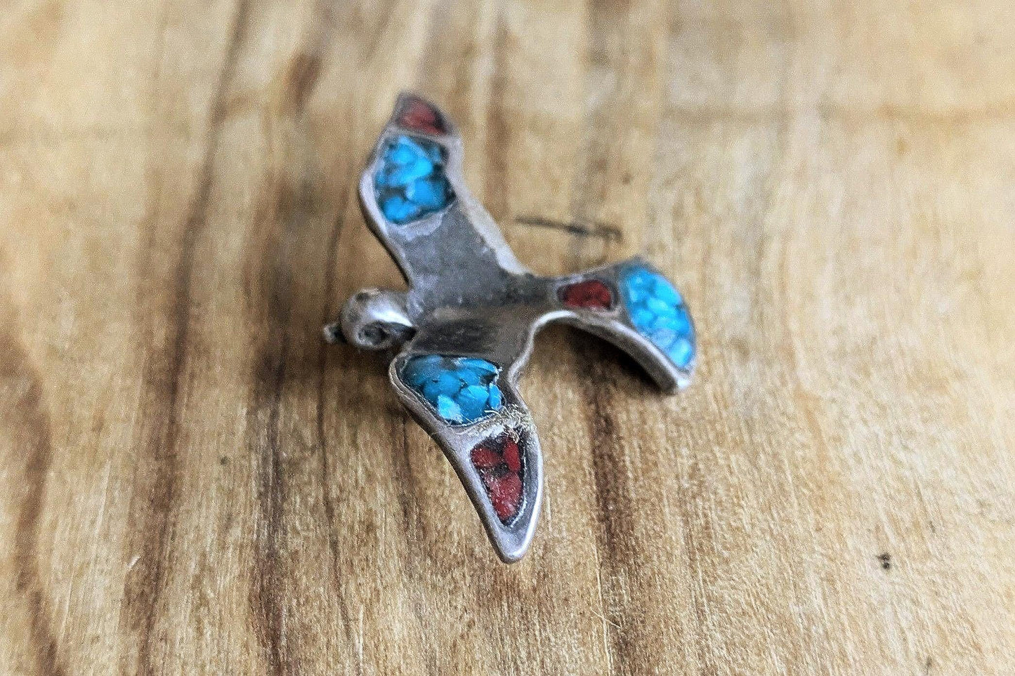 Sterling Silver Native American Southwest Turquoise Coral Inlay Thunderbird Pendant - Tested Sterling Silver - Zuni Turquoise Coral Inlay