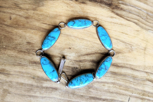 Sterling Silver Native Southwest Turquoise Link Bracelet - 7.5&quot; Length - Stamped and Tested Sterling Silver - Vintage Tennis Link Bracelet