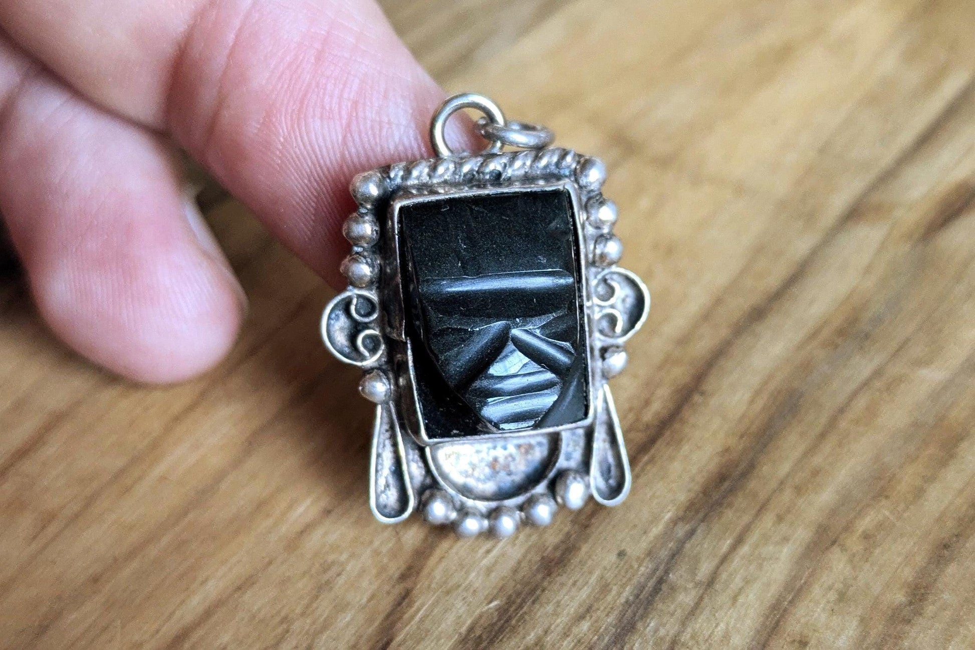 Sterling Silver Tribal Aztec Warrior Face Charm - Tested Sterling Silver - Onyx Face