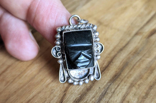 Sterling Silver Tribal Aztec Warrior Face Charm - Tested Sterling Silver - Onyx Face