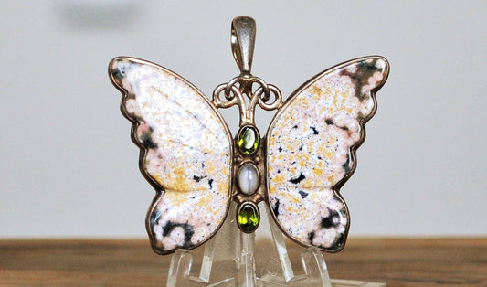 Rare Sterling Silver Ocean Jasper Butterfly - Stamped and Tested Sterling Silver - Peridot and Moonstone - Sajen Jewelry