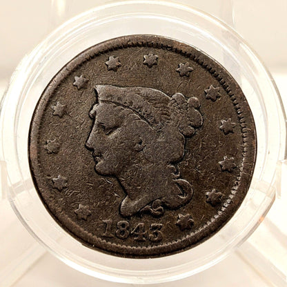 Scarce 1843 Braided Hair Large Cent Mature Head Large Letter Variety VG Details PCGS# 405845 OR 403943