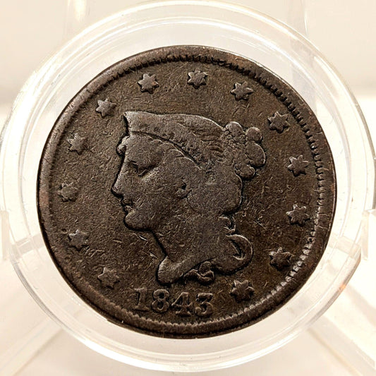 Scarce 1843 Braided Hair Large Cent Mature Head Large Letter Variety VG Details PCGS# 405845 OR 403943