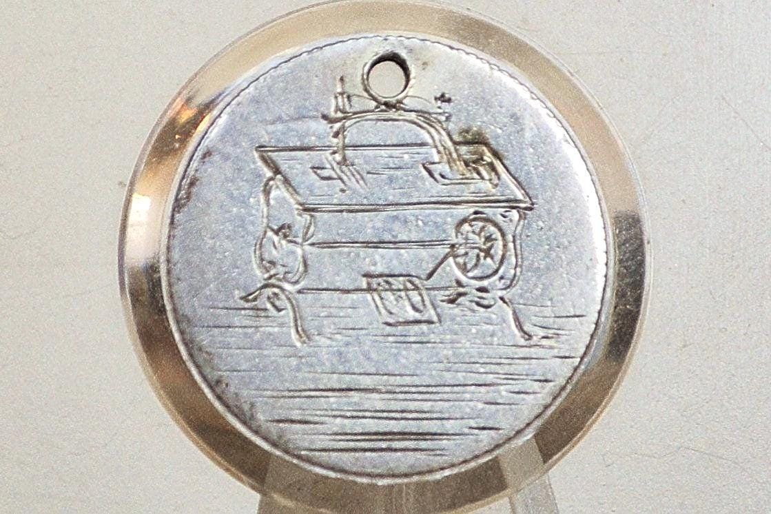 Genuine Antique Love Token, Sewing Machine Scene - Made From an 1883 Silver Dime - Beautiful Scroll Work, 1800s Silver Love Token, Sewing Ma