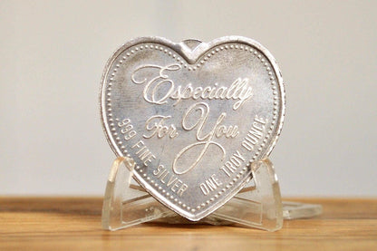 Vintage .999 One Ounce Fine Silver, Especially For You - Rose Carved Heart Bullion - 1 oz Fine Silver