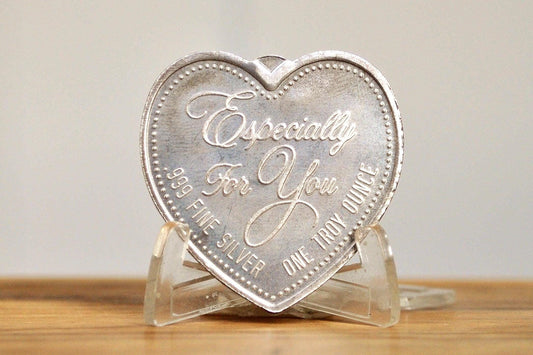 Vintage .999 One Ounce Fine Silver, Especially For You - Rose Carved Heart Bullion - 1 oz Fine Silver
