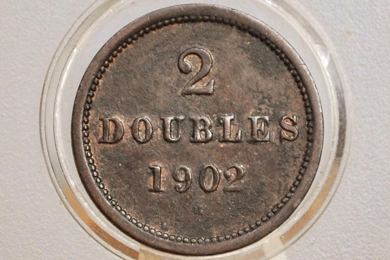 1902-H Guernesey 2 Doubles - AU/Unc. Grade / Condition - Very Rare Coin, 18k Minted