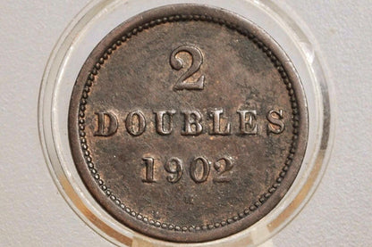 1902-H Guernesey 2 Doubles - AU/Unc. Grade / Condition - Very Rare Coin, 18k Minted