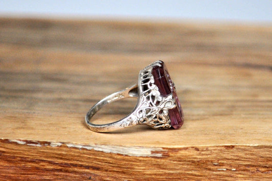 Vintage Silver Victorian Amethyst Hera Cameo Ring - Size 6 - Stamped and Tested Sterling Silver - Victorian Era Filigree