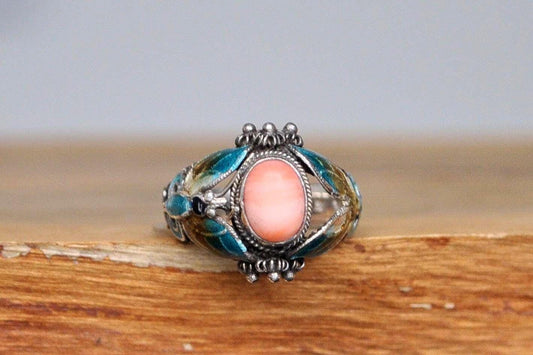 Stunning Silver Cloisonné Butterfly Pink Coral Ring - Size 6 - Stamped and Tested Sterling Silver - Chinese Jewelry