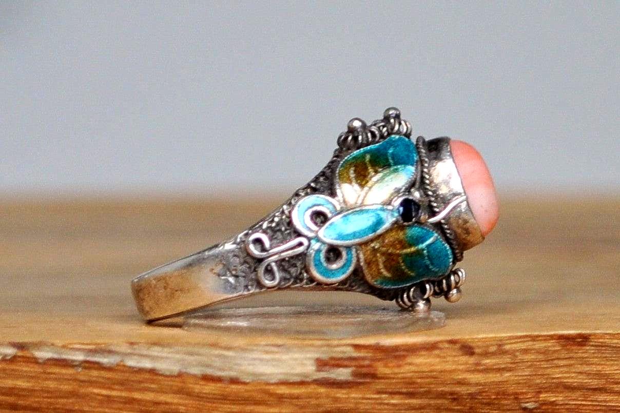 Stunning Silver Cloisonné Butterfly Pink Coral Ring - Size 6 - Stamped and Tested Sterling Silver - Chinese Jewelry