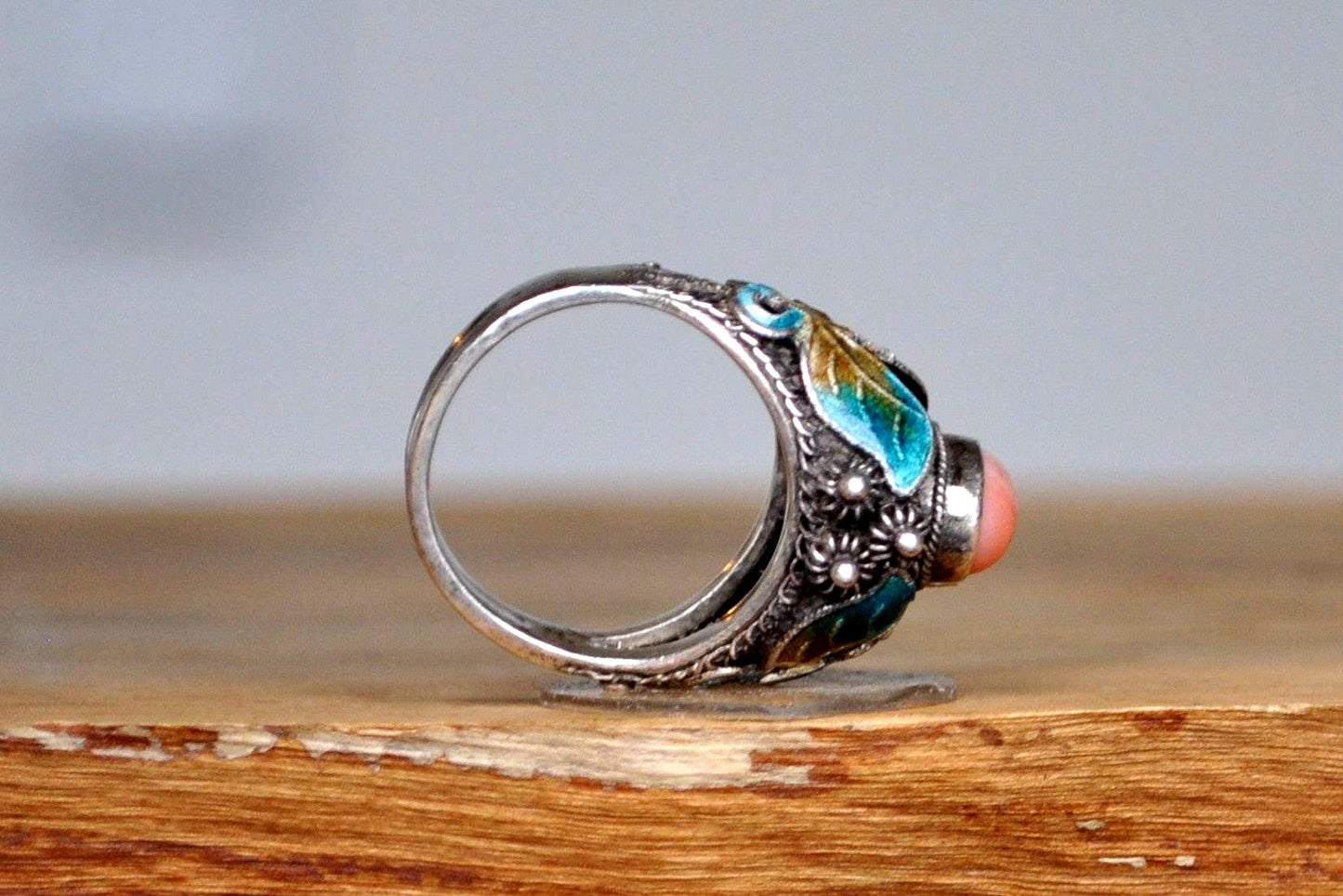 Stunning Silver Cloisonné Butterfly Pink Coral Ring - Size 6 - Stamped and Tested Sterling Silver - Chinese Jewelry