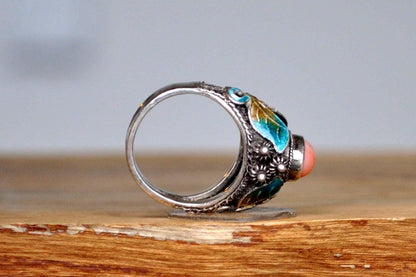 Stunning Silver Cloisonné Butterfly Pink Coral Ring - Size 6 - Stamped and Tested Sterling Silver - Chinese Jewelry