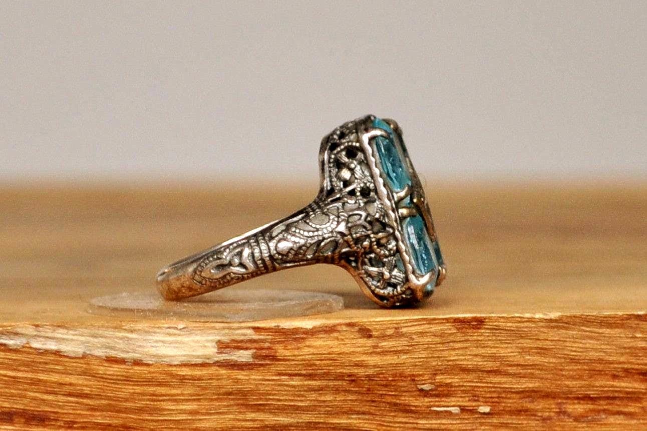 Designer CNA Victorian Revival Blue Topaz Ring - Size 5 - Stamped and Tested Sterling Silver - Diamond Accent -