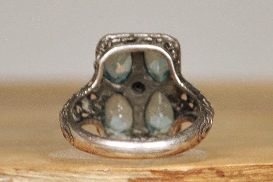 Designer CNA Victorian Revival Blue Topaz Ring - Size 5 - Stamped and Tested Sterling Silver - Diamond Accent -