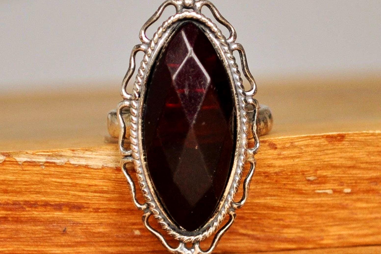 Cherry Amber Cocktail Ring - Size 8 - Stamped and Tested Sterling Silver - Slender Oval Cut