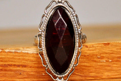Cherry Amber Cocktail Ring - Size 8 - Stamped and Tested Sterling Silver - Slender Oval Cut