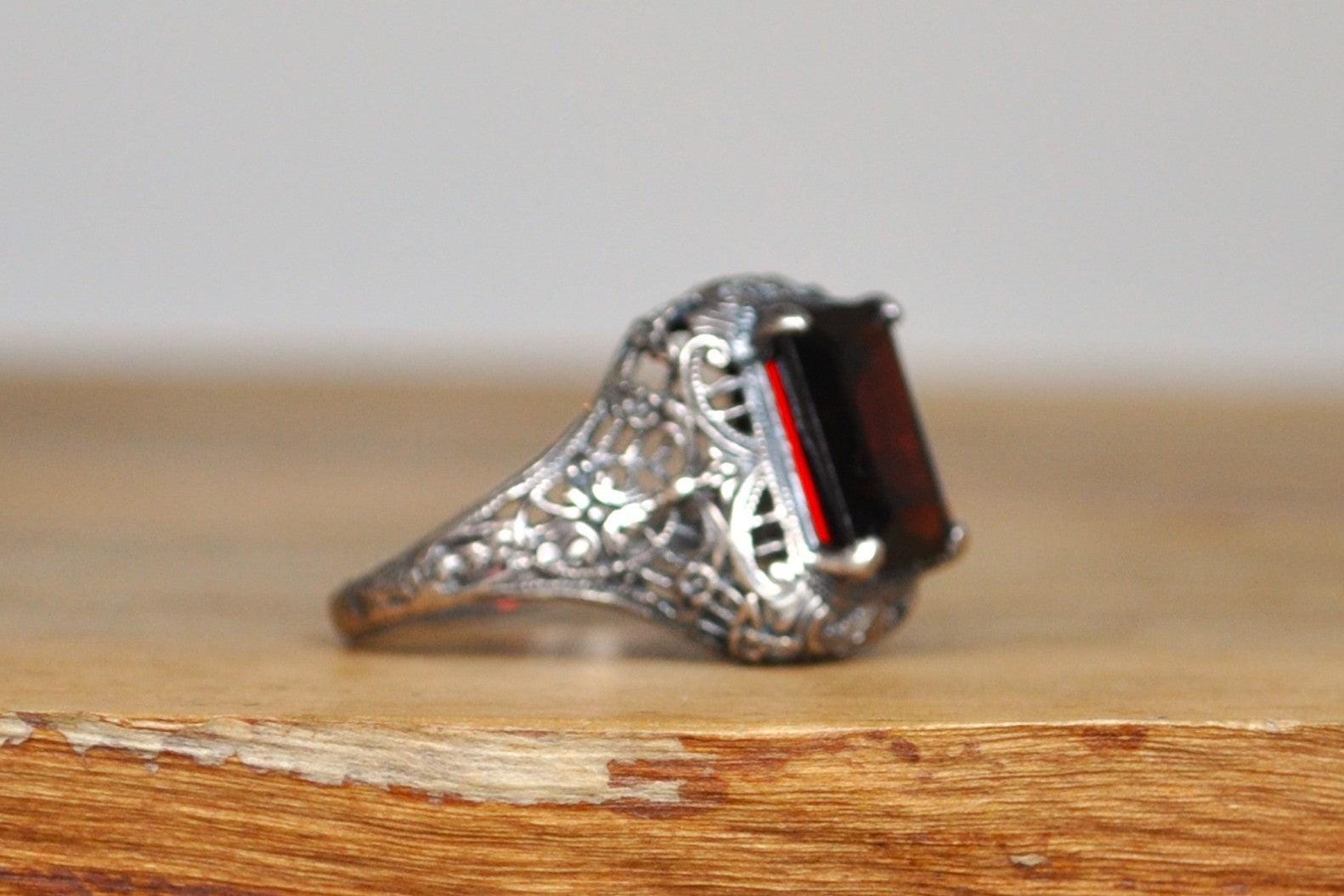 Regal Sterling Silver Cubic Zirconia Garnet Ring - Stamped and Tested Sterling Silver - Rectangle Cut Ring - Victorian Filigree