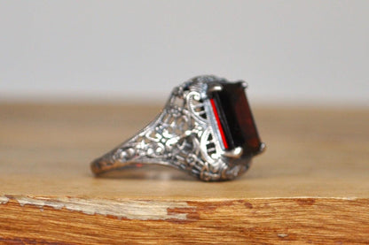 Regal Sterling Silver Cubic Zirconia Garnet Ring - Stamped and Tested Sterling Silver - Rectangle Cut Ring - Victorian Filigree