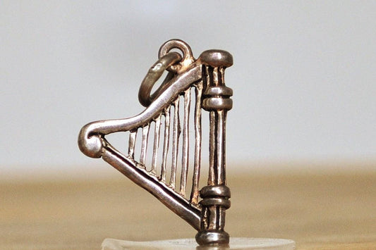 Vintage Sterling Harp Charm! - Stamped 925 - Celtic Harp Silver Pendent, Beautiful Piece! 7 Stringed Harp