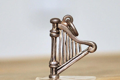 Vintage Sterling Harp Charm! - Stamped 925 - Celtic Harp Silver Pendent, Beautiful Piece! 7 Stringed Harp