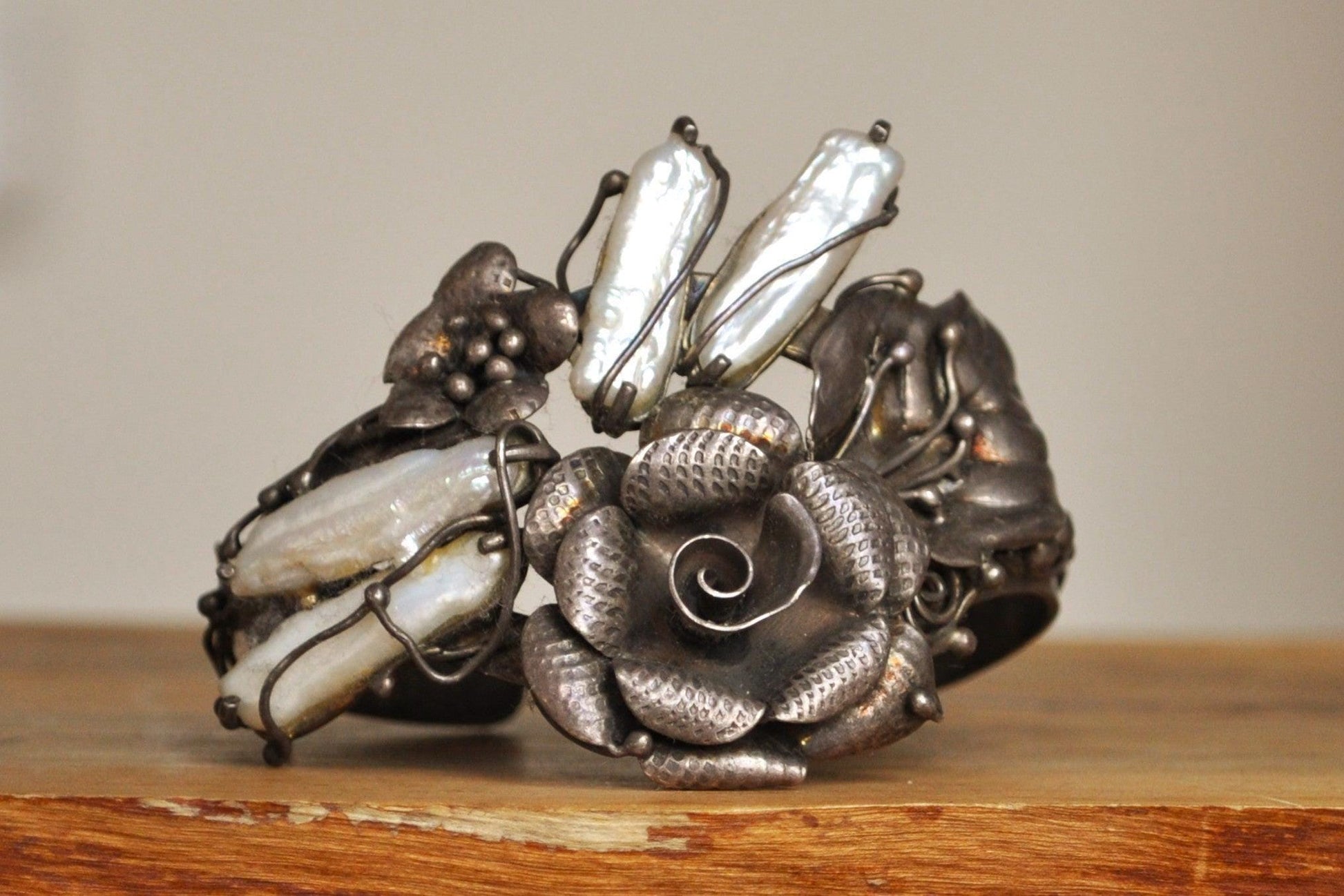 Hand Crafted Sterling Silver CFJ Floral Baroque Pearl Bracelet - Stamped and Tested Sterling Silver - Handmade Baroque Pearl Bracelet - Coll