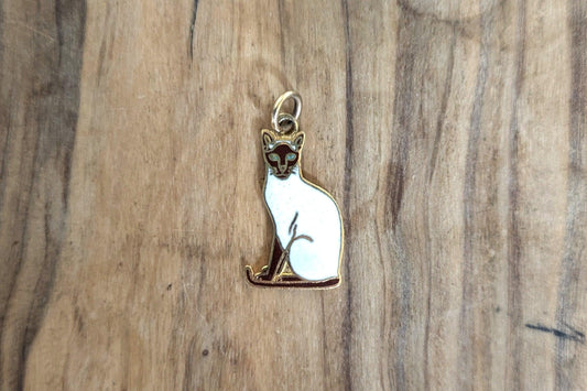 Sterling Silver Gold Enamel Siamese Cat Charm - Stamped and Tested Sterling Silver - Cute Sterling Sitting Kitty Charm