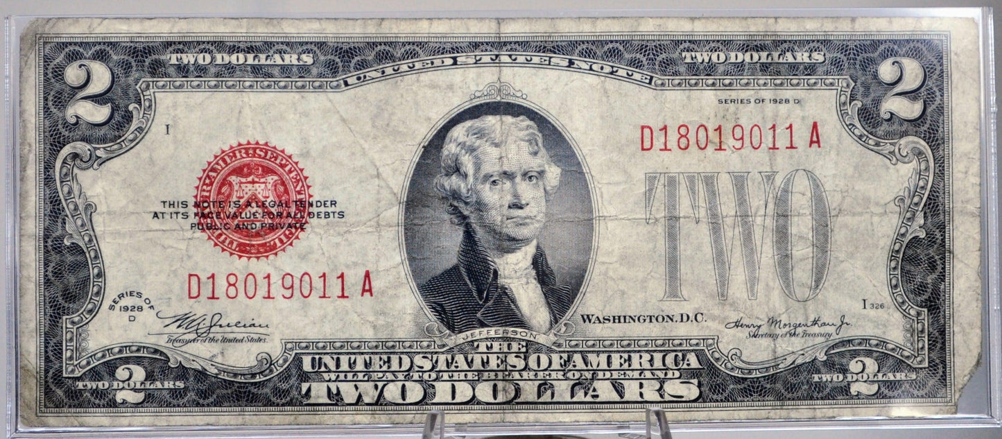 1928-D Legal Tender 2 Dollar Banknote - Gas Pump Error, Fancy Serial Number - 18019011 - 1928D Two Dollar Red Seal US Note - Fr. 1505