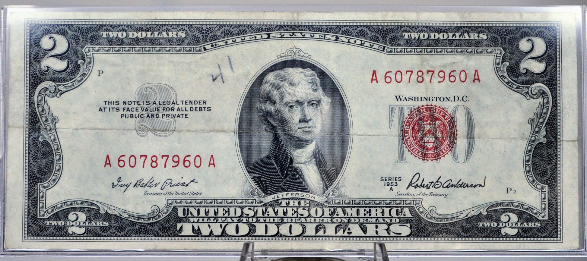 1953A Red Seal Legal Tender 2 Dollar Note - Fancy Bookend Serial Number - 60787960 - 1953-A Two Dollar Legal Tender Note - Fr#1510