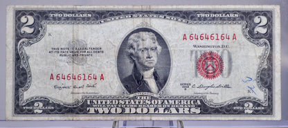 1953B Red Seal Legal Tender 2 Dollar Note - Fancy Trinary Pattern Serial Number - 64646164 - 1953-B Two Dollar Legal Tender Note - Fr#1511