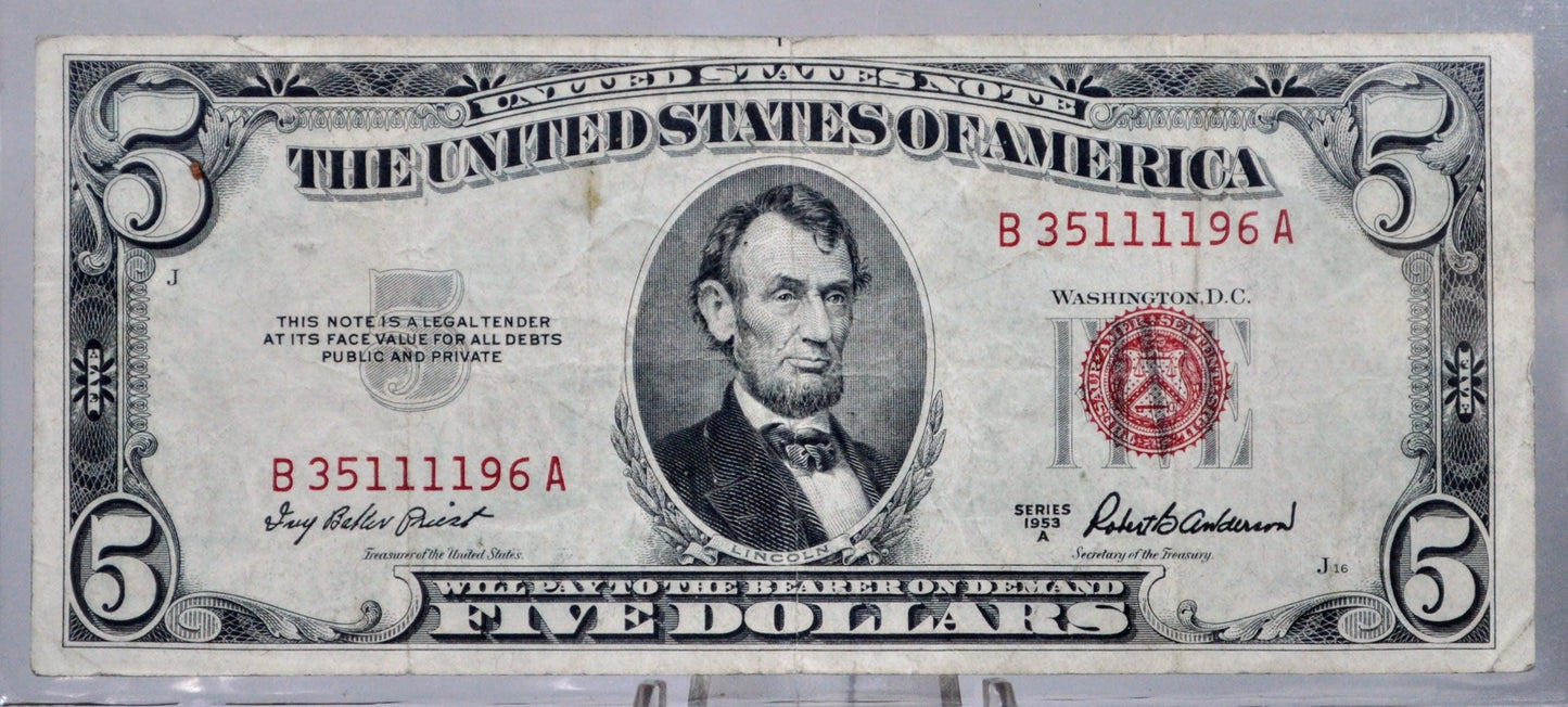 1953A US Legal Tender 5 Dollar Banknote - Fancy Quad Repeating Serial Number - 35111196 - 1953-A Red Seal Five Dollar Note - Fr.1533
