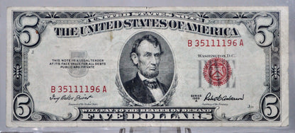 1953A US Legal Tender 5 Dollar Banknote - Fancy Quad Repeating Serial Number - 35111196 - 1953-A Red Seal Five Dollar Note - Fr.1533