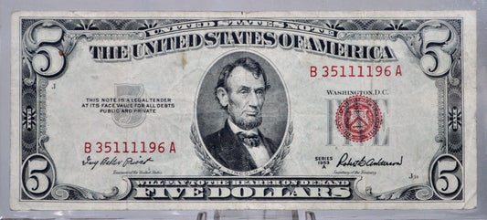 1953A US Legal Tender 5 Dollar Banknote - Fancy Quad Repeating Serial Number - 35111196 - 1953-A Red Seal Five Dollar Note - Fr.1533
