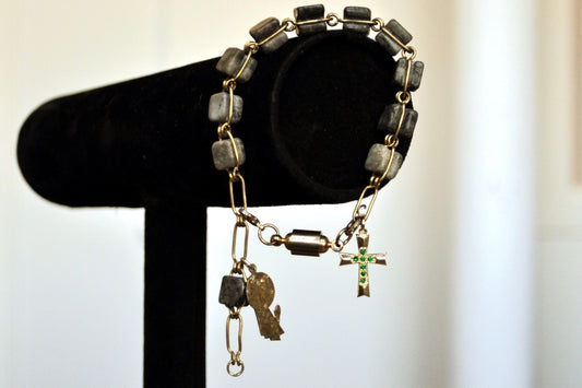 Connemara Marble Wire Wrapped Religious Bracelet - 10 Inches - Madonna and Cross - Irish Jewelry