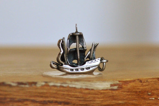Sterling Silver Moving Sails Clipper Ship Charm - Stamped and Tested Sterling Silver - 19th Century Trading Ship Charm