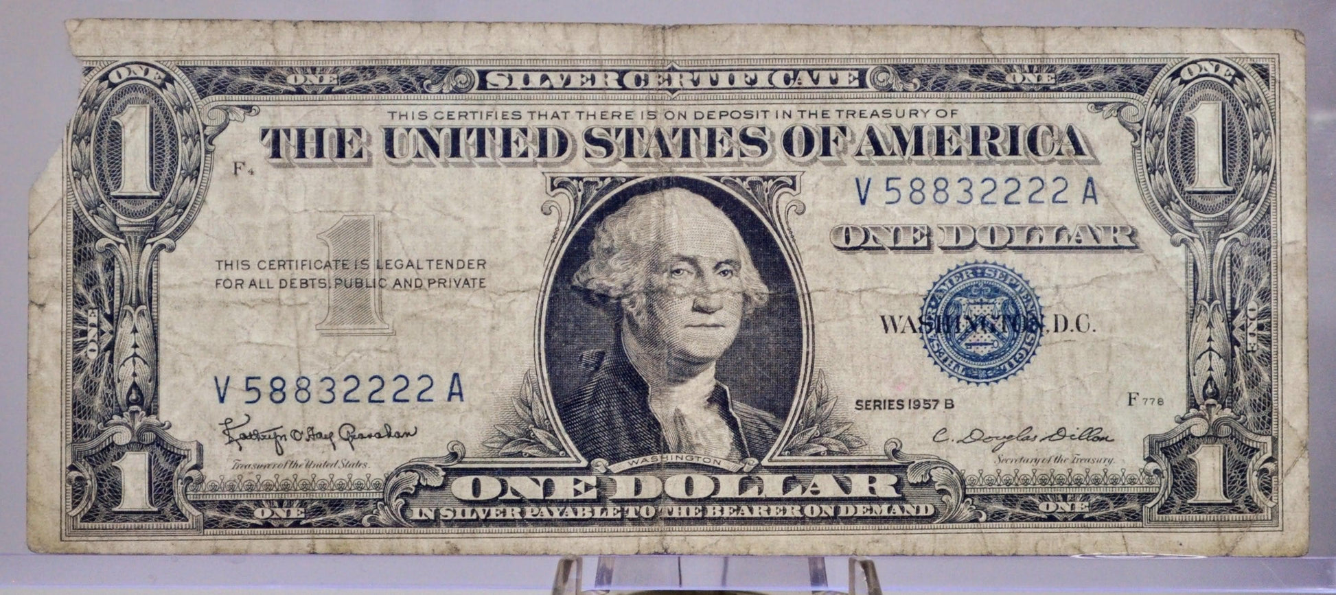 1957 B Silver Certificate 1 Dollar Note - Fancy Solid Repeater Serial Number - 58832222 - 1957B One Dollar Blue Seal Banknote - Fr#1621