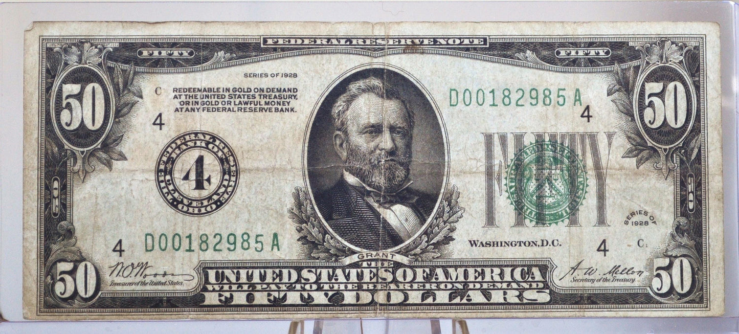 1928 Federal Reserve 50 Dollar Note - Very Fine (VF) - Cleveland Issue (4) - DGS - 1928 Fifty Dollar Federal Reserve Ohio Note - Fr.2100-D
