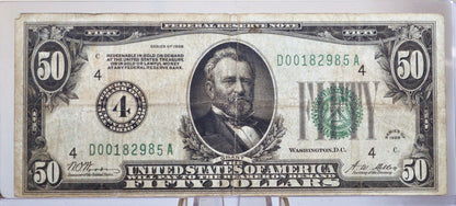 1928 Federal Reserve 50 Dollar Note - Very Fine (VF) - Cleveland Issue (4) - DGS - 1928 Fifty Dollar Federal Reserve Ohio Note - Fr.2100-D