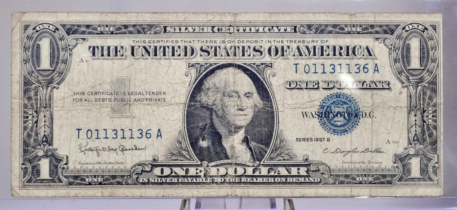 1957 B Silver Certificate 1 Dollar Note - Fancy Repeating Pattern Serial Number - 01131136 - 1957B One Dollar Blue Seal Banknote - Fr#1621