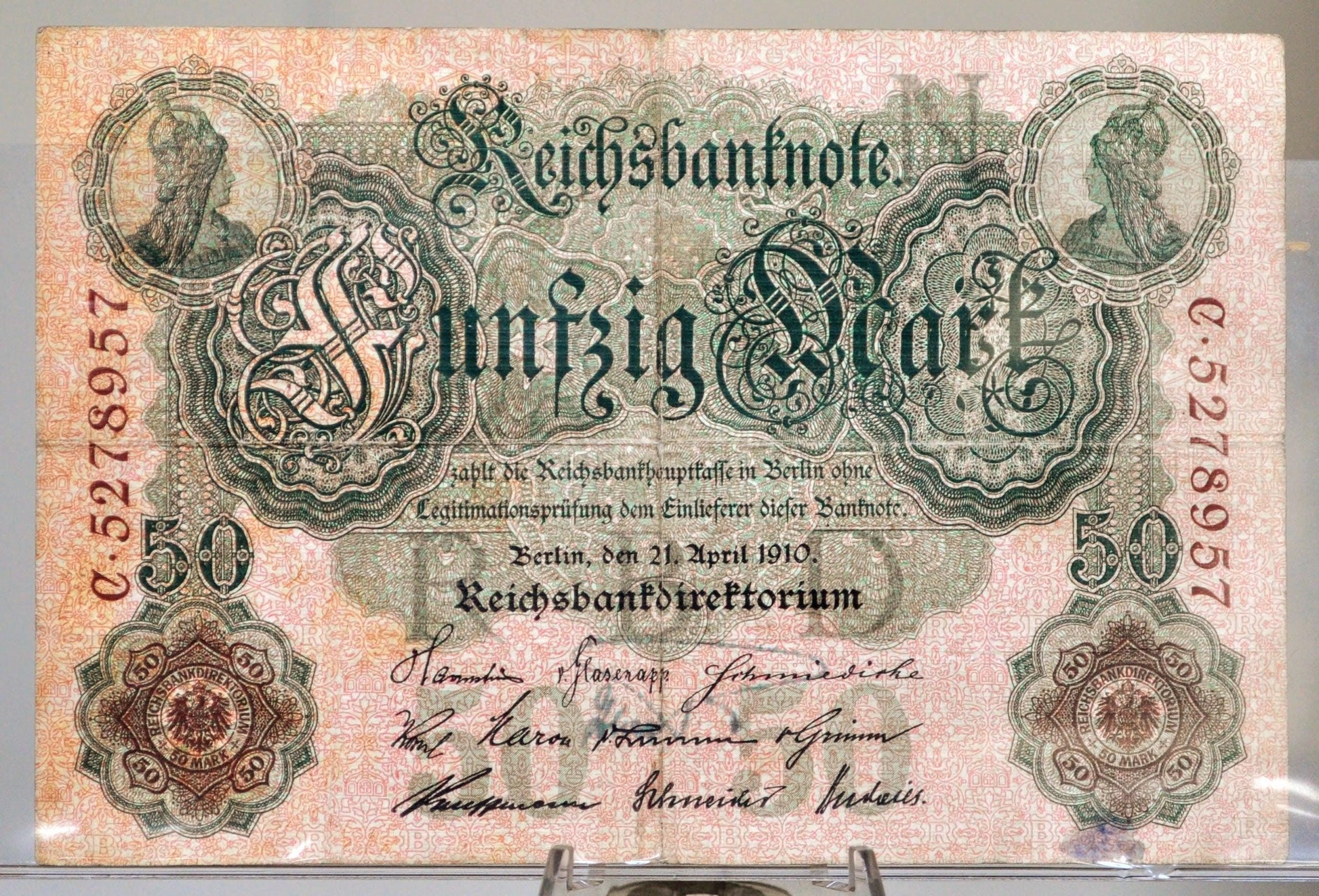 1910 Germany 50 Mark Banknote - Reichsbanknote - Red Underprint - 1910 Fifty Marks German Empire Note - P#41