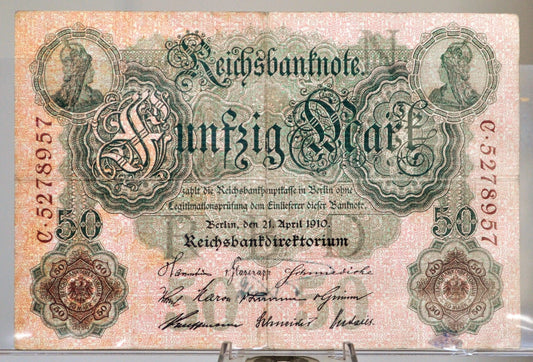 1910 Germany 50 Mark Banknote - Reichsbanknote - Red Underprint - 1910 Fifty Marks German Empire Note - P#41