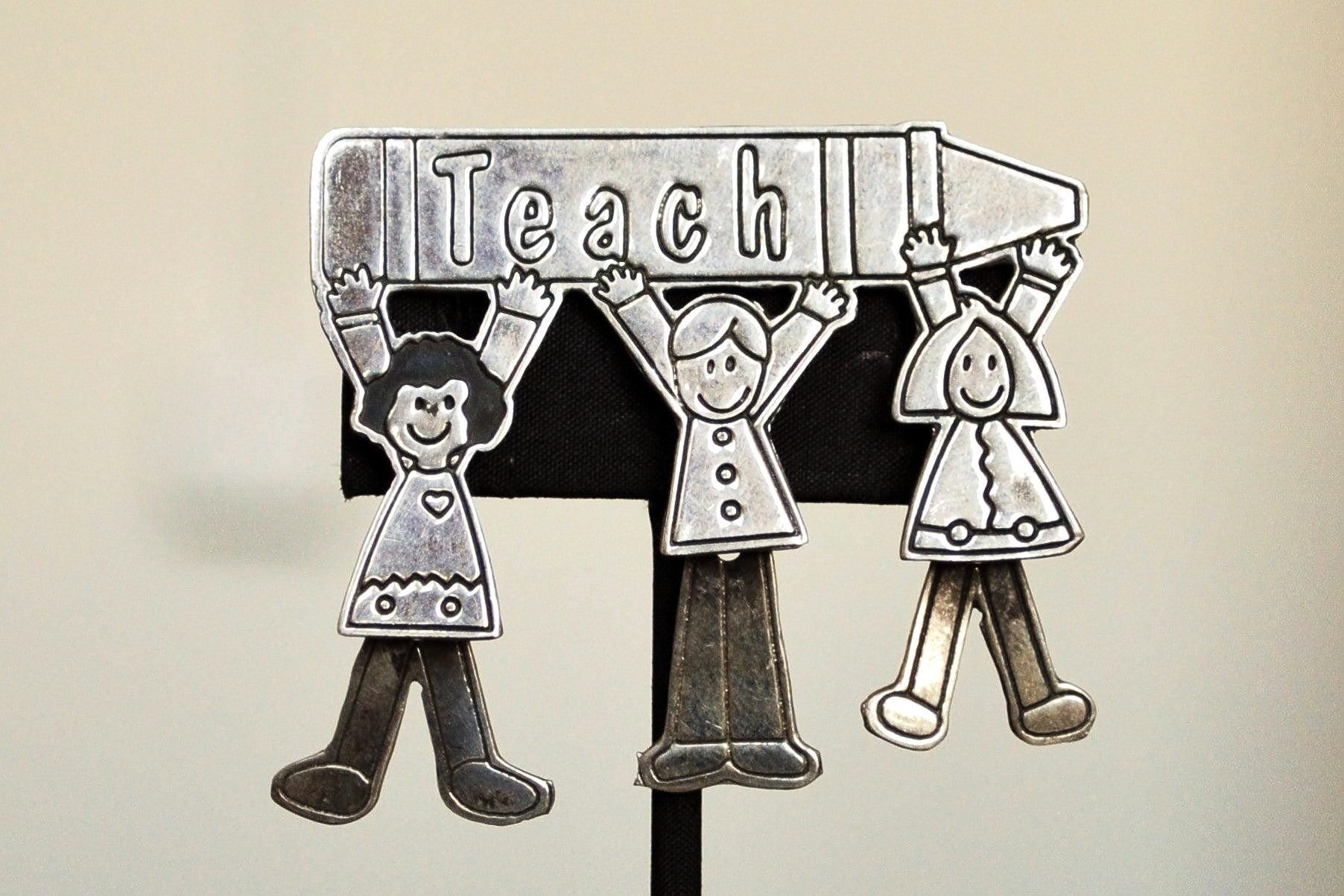 Sterling Silver &quot;I Teach&quot; Brooch - Stamped and Tested Sterling Silver - Teachers Jewelry - Teachers Appreciation